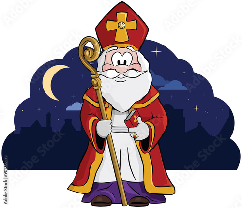 Sinterklaas. Een vrolijke Sint met staf en mijter. 