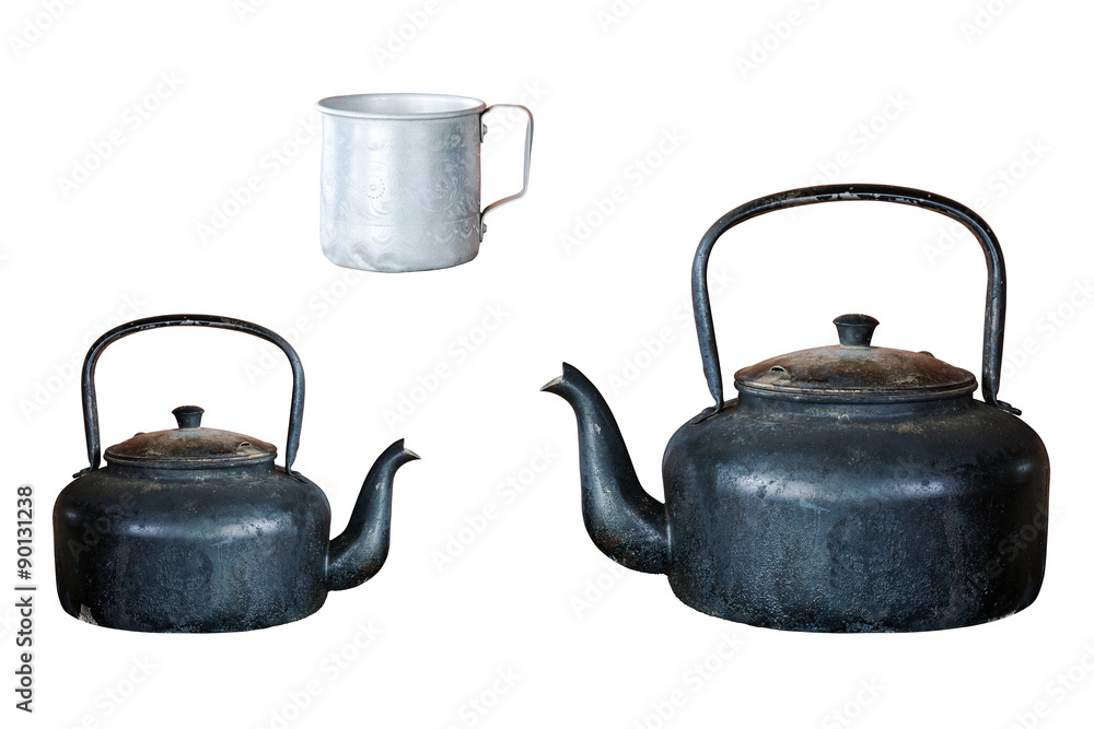 Old aluminium kettle and cup old-style retro isolated on white b