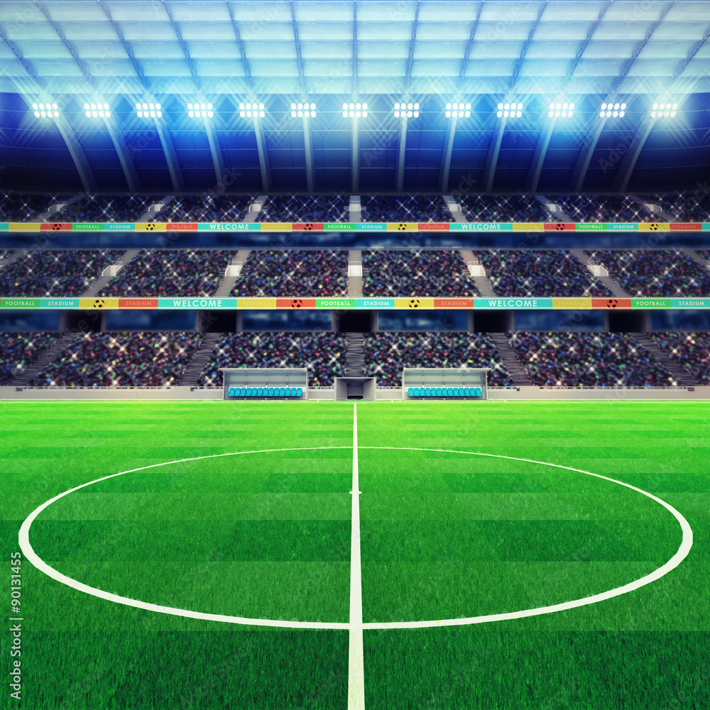 Fototapeta premium lighted football stadium middle with fans in the stands