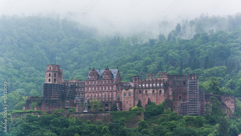 the castle of heidelberg in fog..