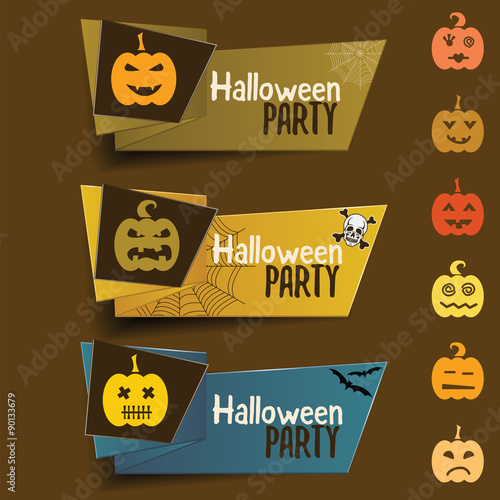 Halloween banner in origami style with pumpkin, web, bat and sku
