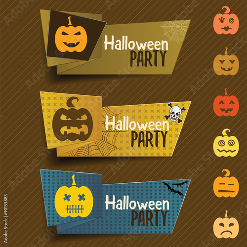 Halloween banner in origami style with pumpkin, web, bat and sku