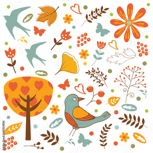 Fototapeta Naklejka Na Ścianę i Meble -  Autumn set with birds, flowers and leaves