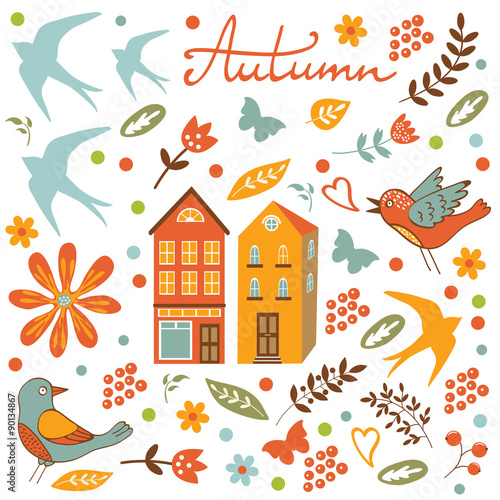 Fototapeta Naklejka Na Ścianę i Meble -  Autumn set with birds, flowers and leaves