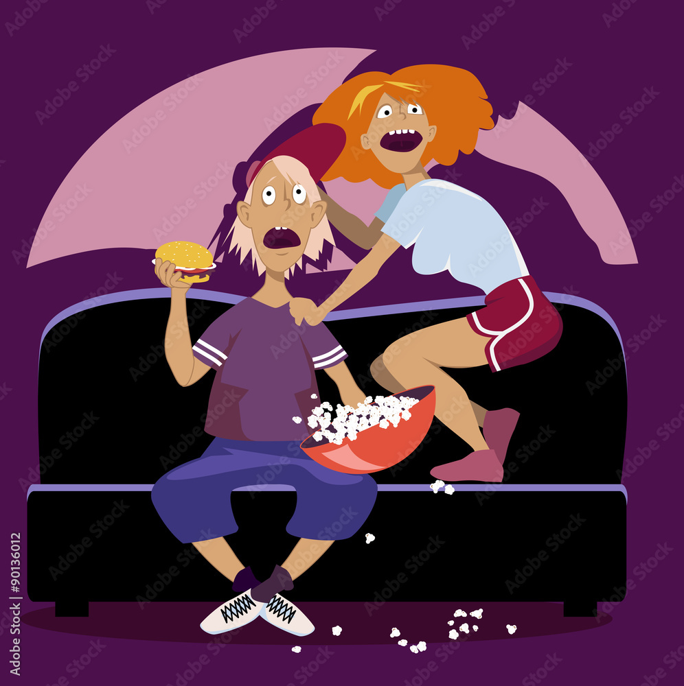 Naklejka premium Teenage boy and girl watching a scary movie sitting on a couch with popcorn and a burger, both screaming, EPS 8 vector illustration, no transparencies