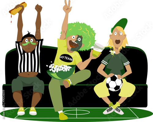 Three young guys watching a soccer game on TV, cheering, vector illustration, no transparencies, EPS 8