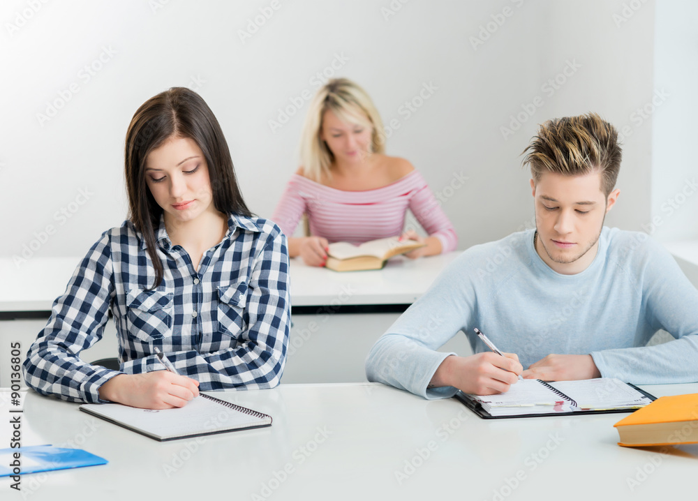Group of teenage students studying at the lesson in the classroom Group of teenage students studying at the lesson in the classroom