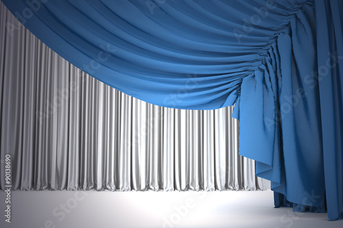 Open navy blue theater curtain with light and shadows of the open, background