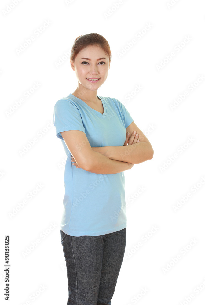 woman with arms crossed, wearing t-shirt woman with arms crossed, wearing t-shirt