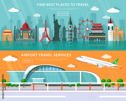 World landmarks, places to travel and airport travel service set with flat elements isolated vector illustration