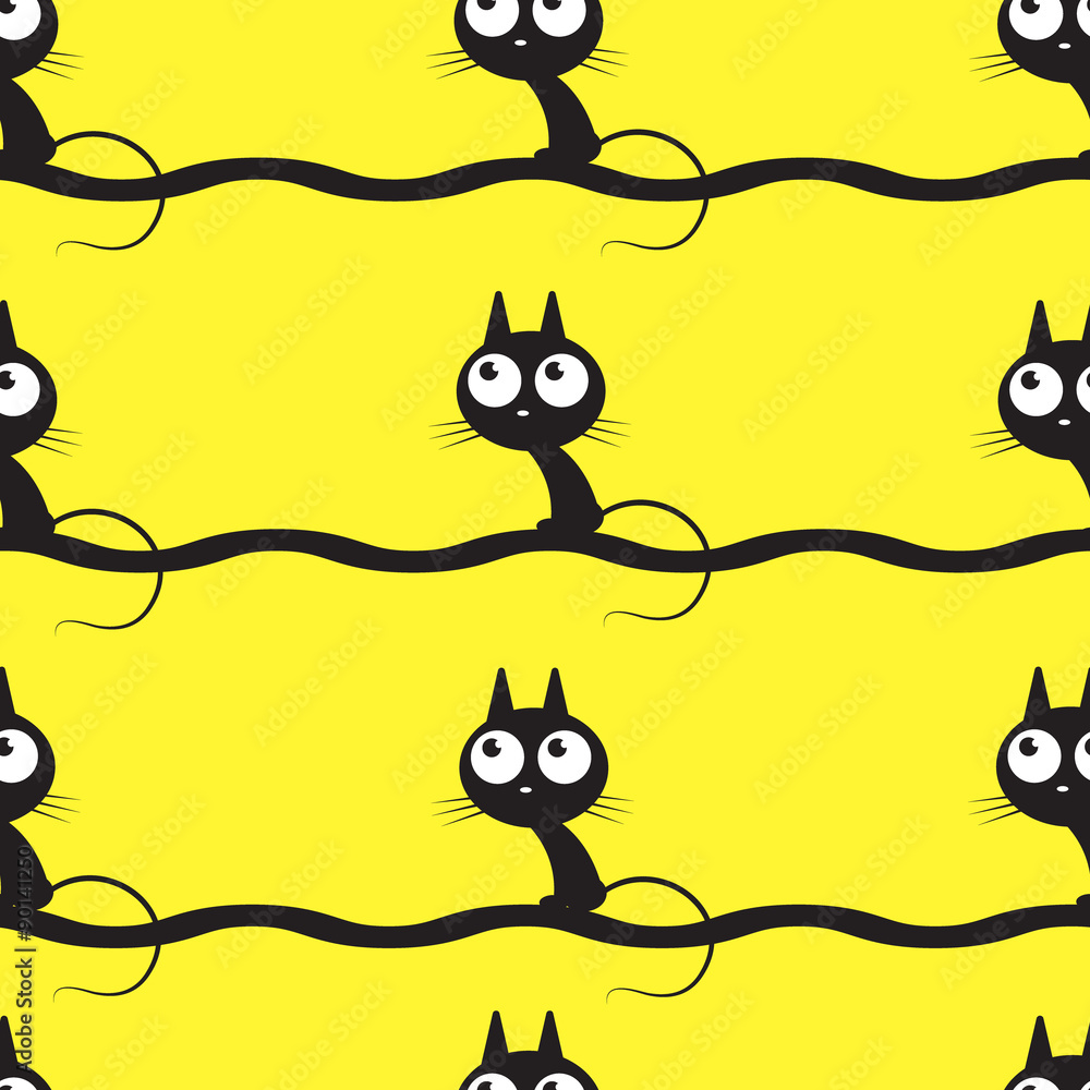 Vector seamless pattern with cute cartoon black cats on a yellow background. Vector seamless pattern with cute cartoon black cats on a yellow background.