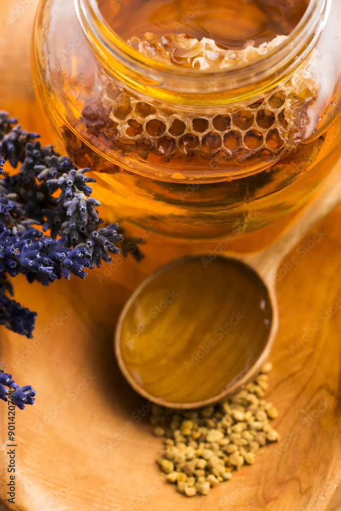 Lavender honey with bee pollen and honey comb Lavender honey with bee pollen and honey comb