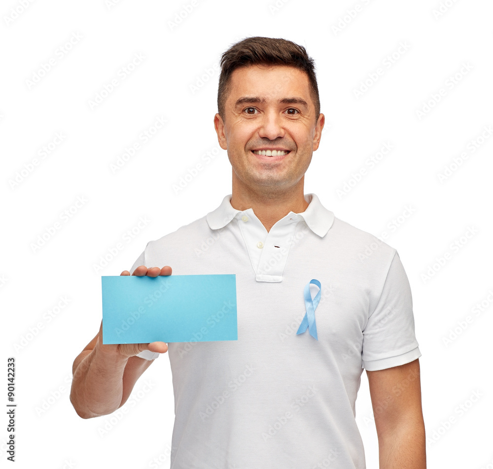 man with prostate cancer awareness ribbon and card man with prostate cancer awareness ribbon and card