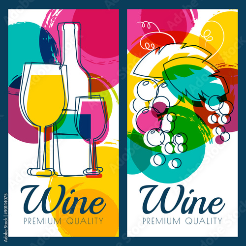 Vector illustration of wine bottle, glass, branch of grape