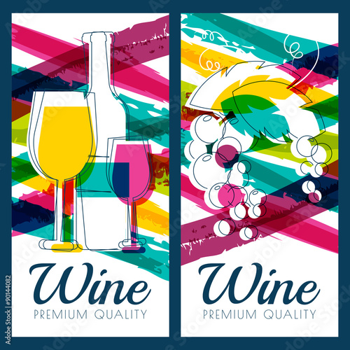 Vector illustration of wine bottle, glass, branch of grape