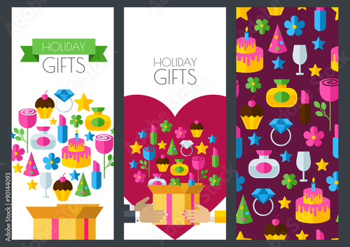 Set of vector holiday banner backgrounds, seamless pattern. Box