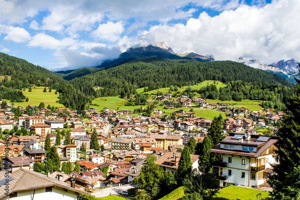 Cityscape of Moena in the Dolomites, Italy