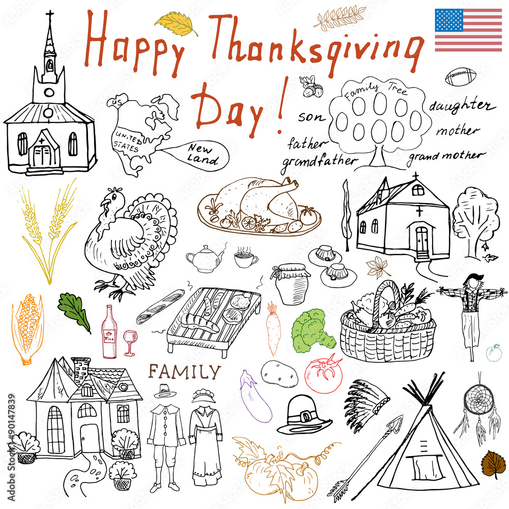 Thanksgiving doodles set. Traditional symbols sketch collection, food, drinks, turkey, pumpkin, corn, wine, wheet, vegetables, idians and pilgrims items, Freehand vector drawing and lettering isolated