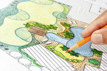 Canvas schilderij Wit Landscape architect design backyard plan for villa  © toa555