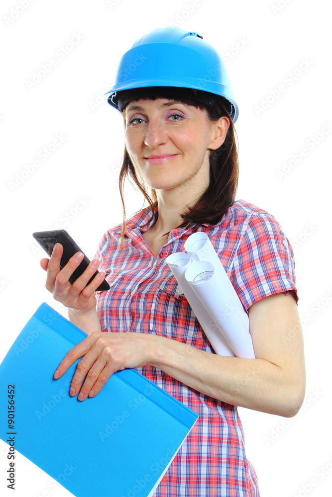 Builder woman in protective helmet using mobile phone Builder woman in protective helmet using mobile phone