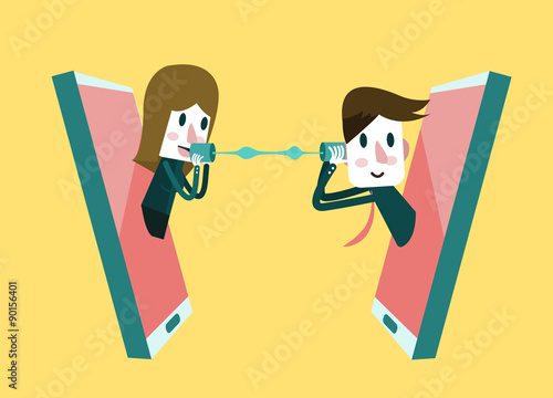 Man and woman talking on a mobile phone. flat design element. 