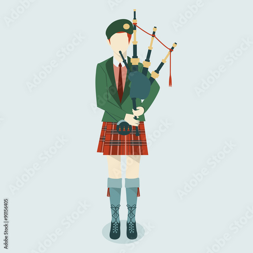 Foto Scottish Bagpiper in uniform flat icon. Scottish tradition