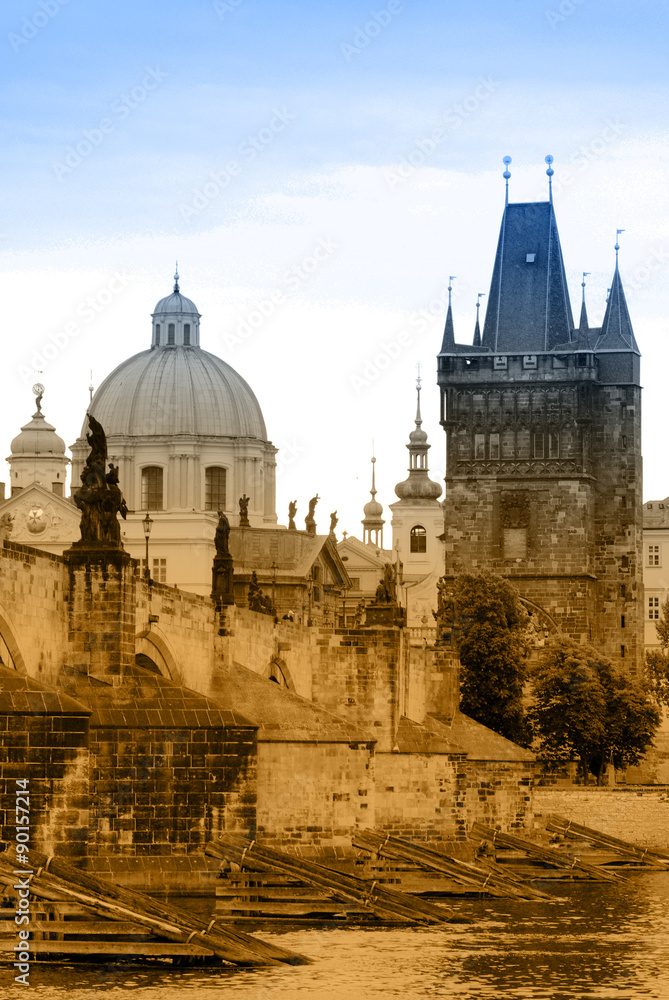 Two-color toned postcard with view of Prague