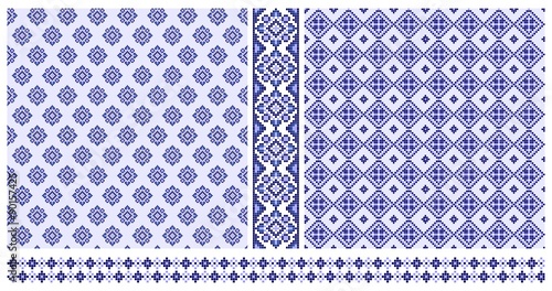 Set of blue ethnic cross stitched seamless patterns and borders