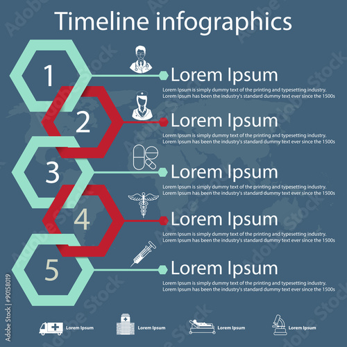 Time line infographics vector template with hexagonal paper effect showing a range of five options in text boxes with medical icons