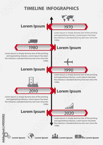 Time line infographics vector template with red and white paper effect showing a range of five options in text boxes spanning a number of different years. Icons for shipping business.