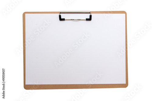 wooden clipboard and white drawing paper with isolated