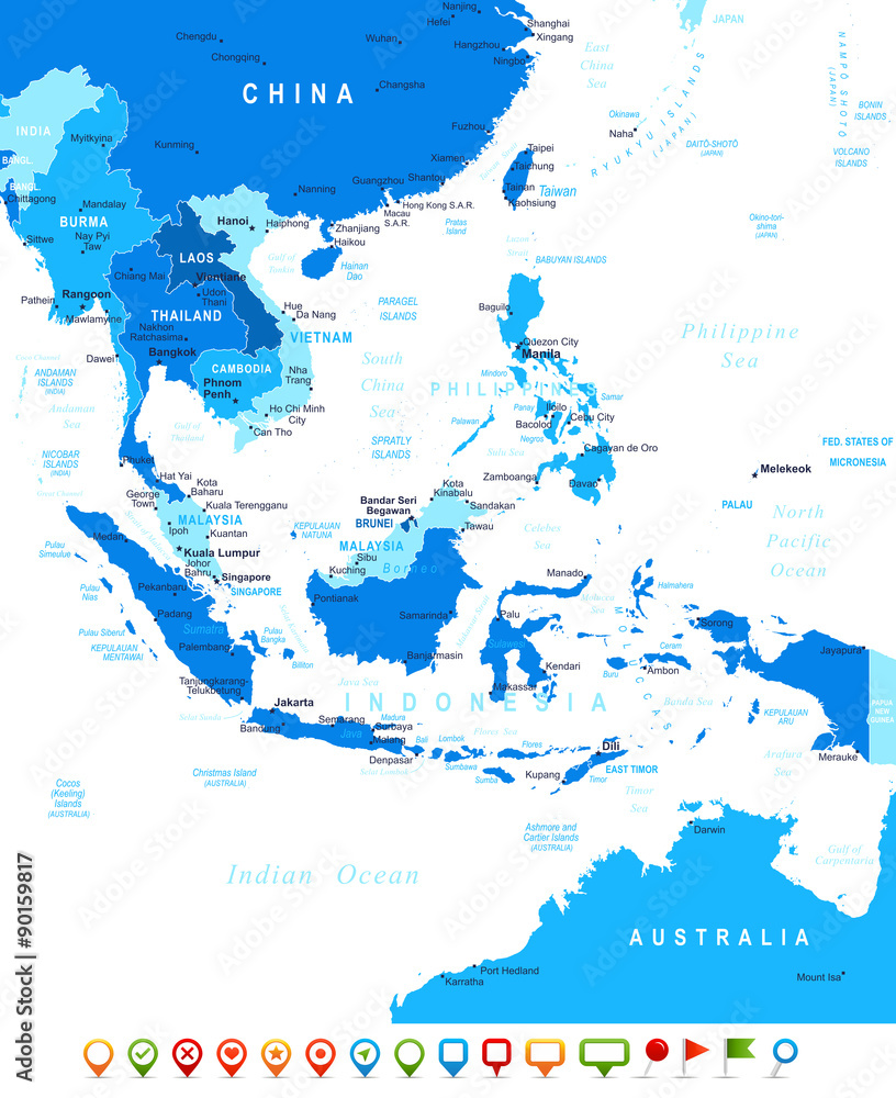 Southeast Asia map - highly detailed vector illustration. Image contains land contours, country and land names, city names, water object names, navigation icons.