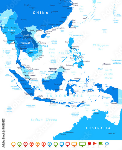 Southeast Asia map - highly detailed vector illustration. Image contains land contours  country and land names  city names  water object names  navigation icons.