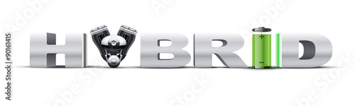 Silver letters Hybrid on with engine and battery.