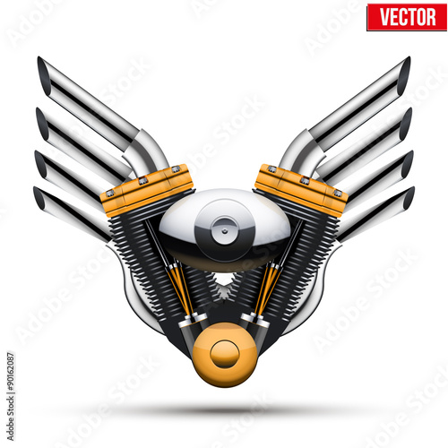 Motorcycle engine with metal wings. Vector Illustration.