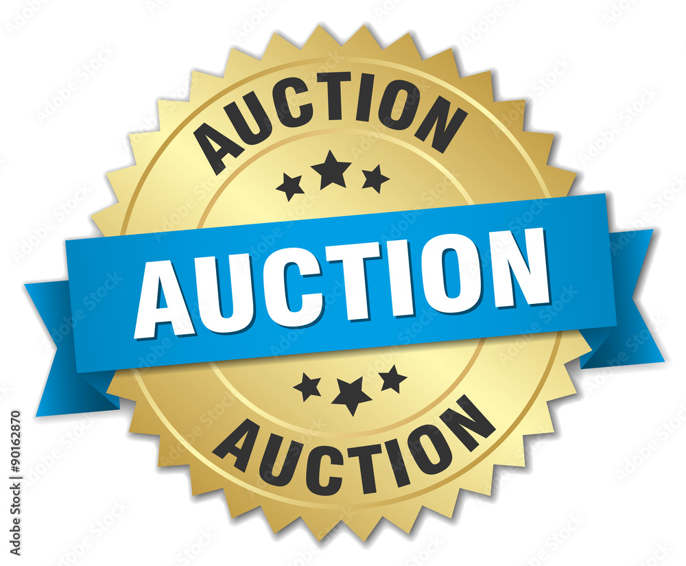 auction 3d gold badge with blue ribbon auction 3d gold badge with blue ribbon
