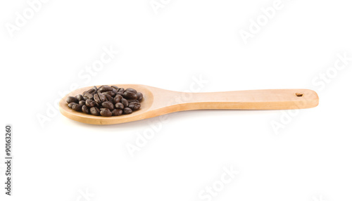 Fresh beans , wooden spoon on white background.