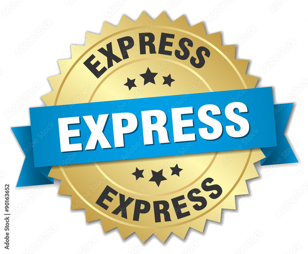 express 3d gold badge with blue ribbon