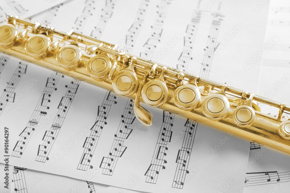 Obraz premium Flute on music notes background