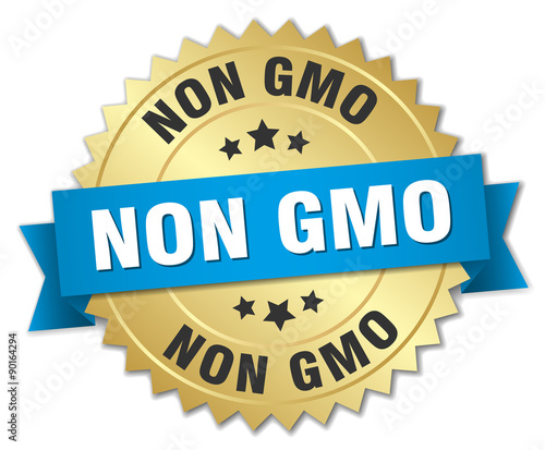non gmo 3d gold badge with blue ribbon