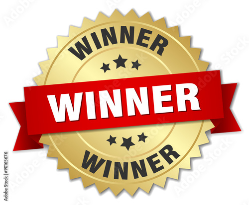 winner 3d gold badge with red ribbon
