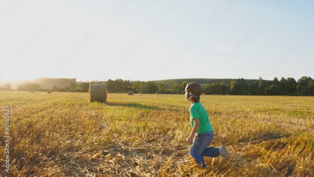 Happy Child Playing with an airplane on a meadow Happy Child Playing with an airplane on a meadow