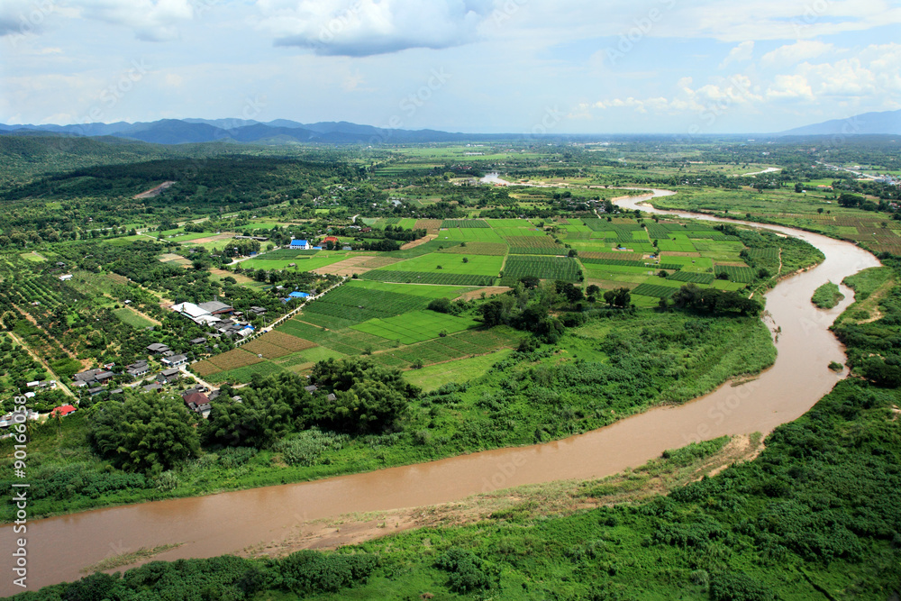 Aerial view of Ping River across paddy field, Chiang Mai, Thaila