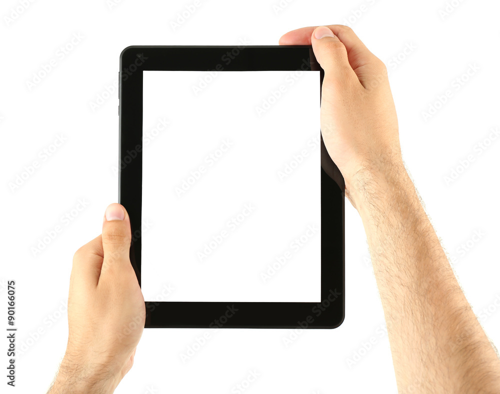 Male hands holding tablet isolated on white Male hands holding tablet isolated on white