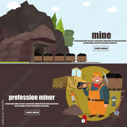 miner working in a mine. professional miner. coal mine. vector illustration. banners.
