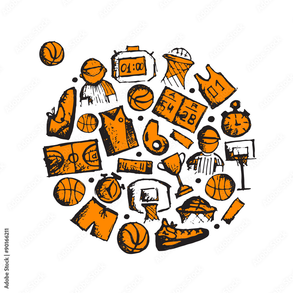 Basketball icons set, sketch for your design