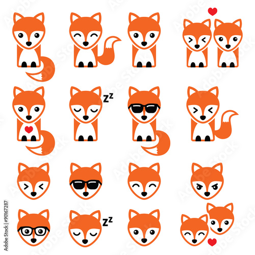 Fox cute character icons, wildlife