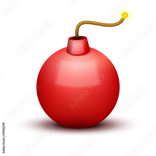 Red Bomb About To Blast with burning wick. Vector Illustration.