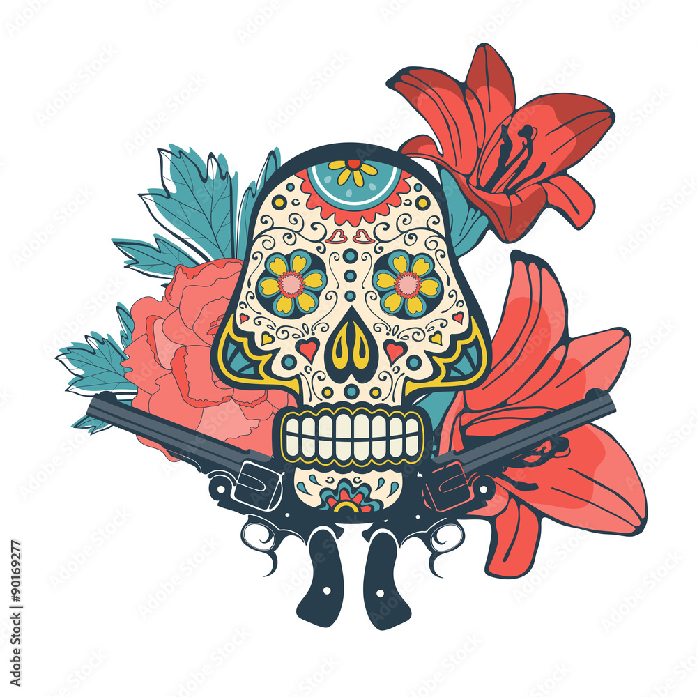 Fototapeta Day of the dead card with vintage skull, flowers and guns