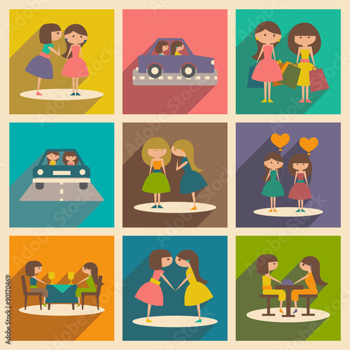 Flat with shadow concept and mobile application sisters